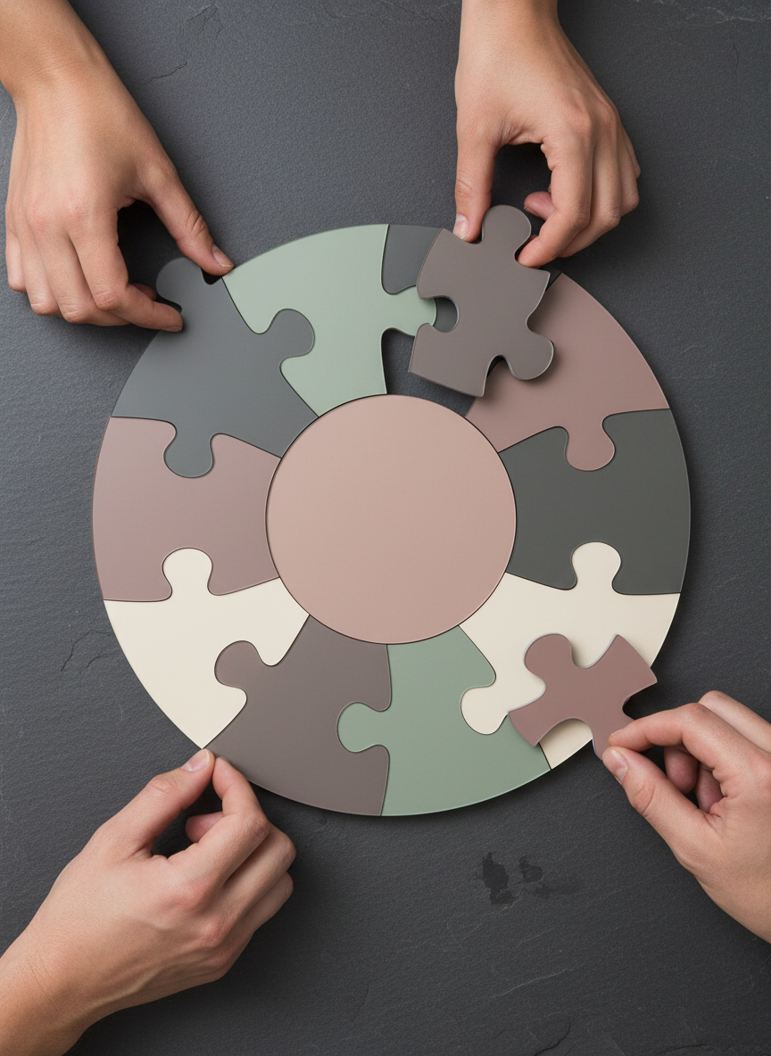 A bold, geometric arrangement of puzzle pieces crafted from smooth, satin-finished acrylic in dusky neutrals, interlocking seamlessly atop a textured slate surface. Subtle side lighting highlights the piece edges and adds layered dimension with faint, soft-edged shadows. The mood is contemplative and solution-oriented, conveying teamwork and problem-solving. Photographed from a slightly elevated angle, capturing crisp detail and structured composition with sharp focus throughout. The artistic style is minimalist, with clean lines and balanced forms, perfectly fitting the brand's commitment to thoughtful, harmonious HR strategies.