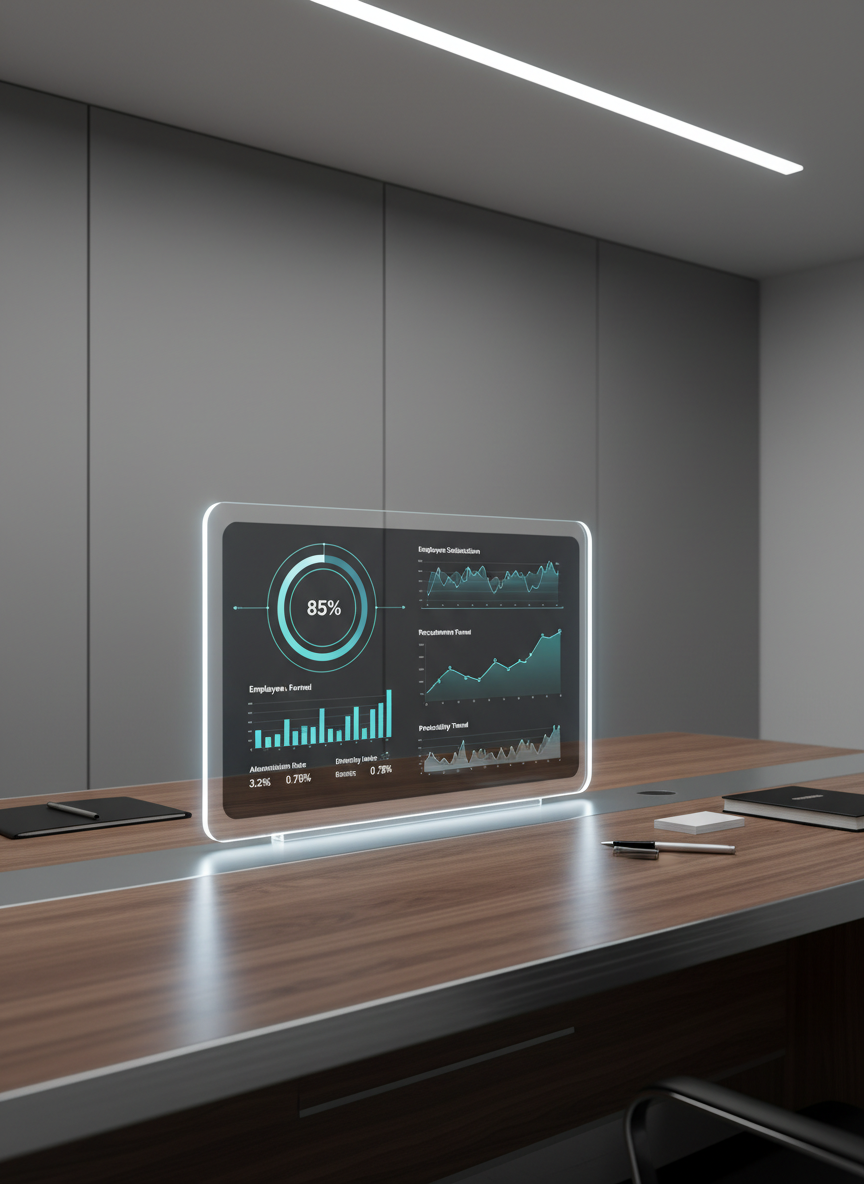 A sleek, glass-encased digital dashboard displaying dynamic HR analytics, set on a minimalist walnut desk with brushed metal inlays. The screen emits a soft, cool white glow that gently reflects off the immaculate surface, surrounded by orderly stationery and a neutral-toned wall panel in the background. Overhead, diffused LED lighting casts even, crisp illumination, eliminating harsh shadows. The scene is calm, focused, and professional, evoking clarity and strategic insight. Captured from an eye-level, slightly angled perspective for depth, with a balanced, structured composition and photographic realism. The clean, corporate vibe reinforces the image as a symbol of technology and human resource management.
