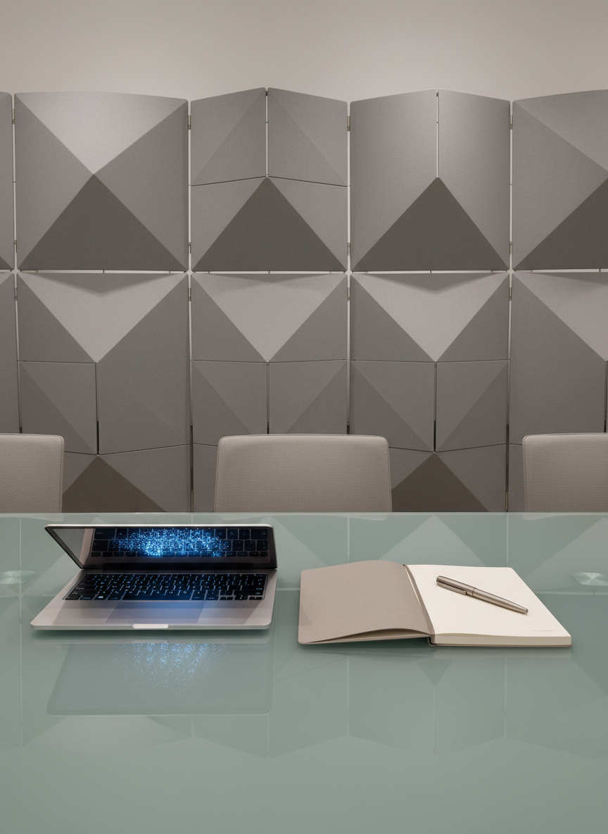 A high-end laptop with an illuminated touchpad resting beside a matte-finish, neutral-toned notebook and a metallic pen, all set on a flawless, architectural glass meeting table. Behind, there’s a sculptural divider in soft grays providing geometric backdrop interest. Soft overhead lighting reflects faintly on the table, casting controlled, gentle shadows. Mood is polished and forward-thinking, highlighting productivity. Captured from a top-down, rule-of-thirds composition, focusing on clarity and balance with photographic realism and clean corporate style. This scene subtly underscores modern HR technology and daily work organization.