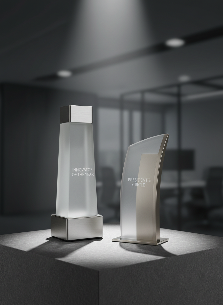 A pair of elegant, modern awards constructed from frosted glass and brushed aluminum, positioned on a monochromatic, stone-textured plinth in front of a charcoal-gray office backdrop. Pinpoint accent lighting from above creates refined highlights and defined, professional shadows behind each award, emphasizing prestige. The environment is calm and composed, with a subtle air of achievement and recognition. The composition uses asymmetrical balance with both objects partly in sharp focus and a gently blurred background, evoking photographic realism while reinforcing core concepts of talent appreciation and corporate success.