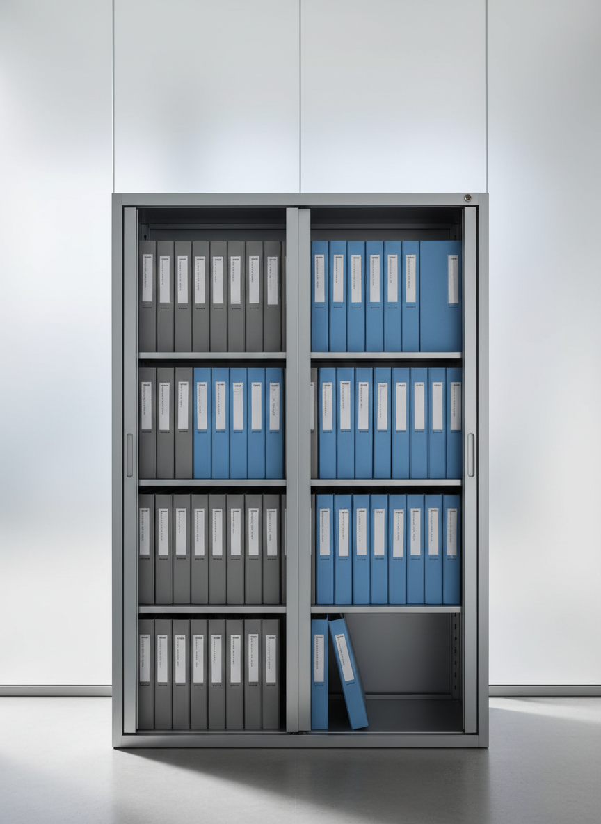 A collection of meticulously organized employee folders—in matte gray and soft blue—neatly stacked within an ultra-modern, open-sided file cabinet of smooth, matte-finish metal, beside a frosted glass office wall. Subtle natural light filters through, creating gentle highlights and urbane shadows. The atmosphere exudes precision and reliability, supporting a sense of trust and order. Photographed from a straight-on, centered angle with sharp focus drawn to the structured rows, ensuring a sense of harmony and methodical process. The visual style is minimalist, corporate, and quietly authoritative, emphasizing the importance of organized people strategy.
