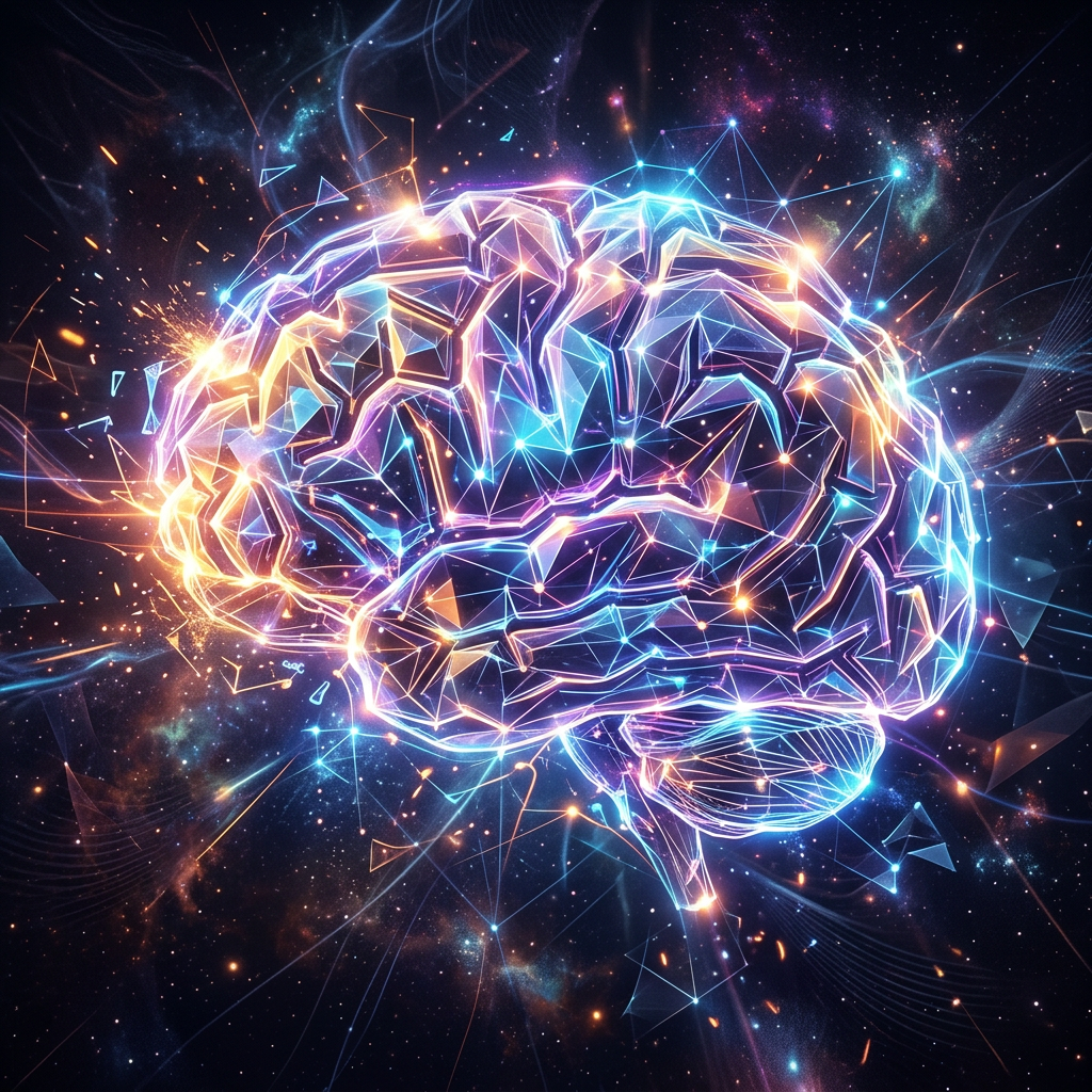 Bright neon digital brain with glowing neural network and cosmic background